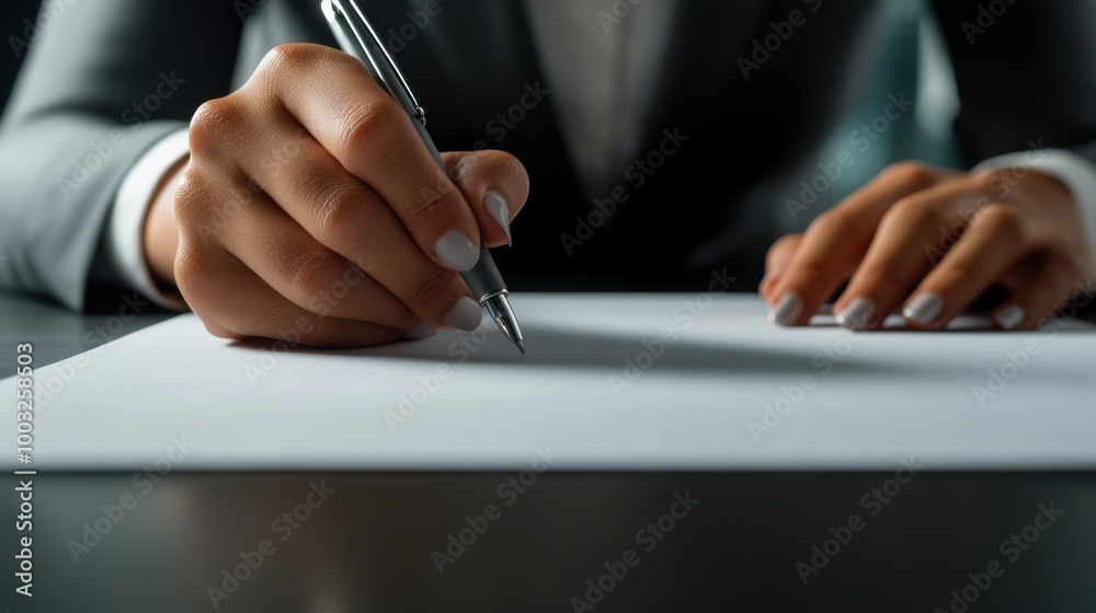 Wall mural A woman in a suit writing on paper with pen and notepad, AI