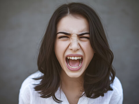 Una joven fresca y hermosa con cabello oscuro gritando fuerte
