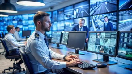 Male Officer Working in Harbour Monitoring Center with CCTV Surveillance and Big Data Displays