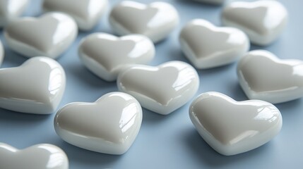 A collection of glossy white heart-shaped decorations scattered on a flat surface