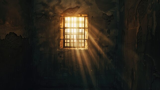 Faint illumination streaming through a barred window in a dimly lit prison cell with empty jail surroundings featuring grey concrete walls.