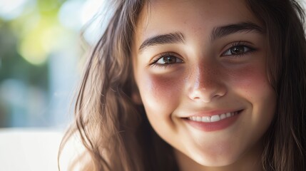 Obraz premium Close up of a young woman smiling with freckled skin and long brown hair.