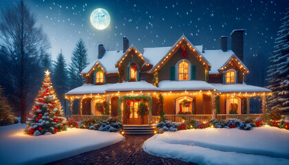 House decorated with Christmas theme during snowy night