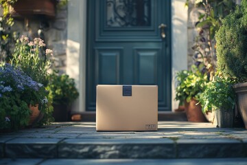 A brown cardboard box is sitting on a porch