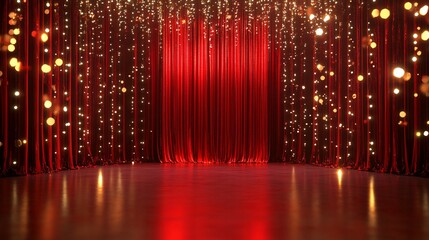 Red Stage Curtains with Golden Lights and Reflections