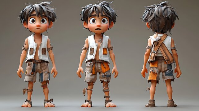 3D Cartoon Boy Character Model,  Front, Side, Back Views