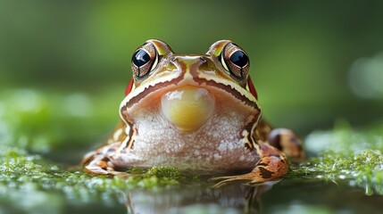 Fototapeta premium A Boreal Chorus Frog (Pseudacris maculata) singing from a pond in North America, its swollen vocal sac and striped body a fascinating sight against the green algae.