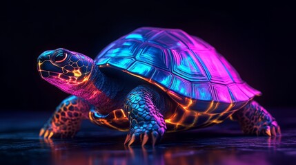 3D animation of a turtle with an iridescent neon shell on a black background