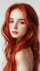Fototapeta premium Profile of a red-haired woman with freckles and long flowing hair. AI-generated
