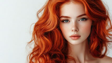 Fototapeta premium Red-haired woman with freckles looking directly at the camera. AI-generated