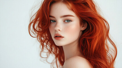 Fototapeta premium Redhead woman with curly hair and neutral expression. AI-generated