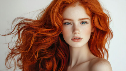 Fototapeta premium Portrait of a redhead woman with freckles and soft expression. AI-generated