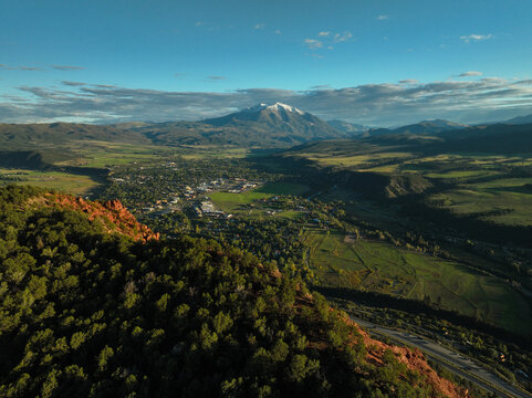 Aerial view of snow topped Mount Sopris near Carbondale, Colorado USA