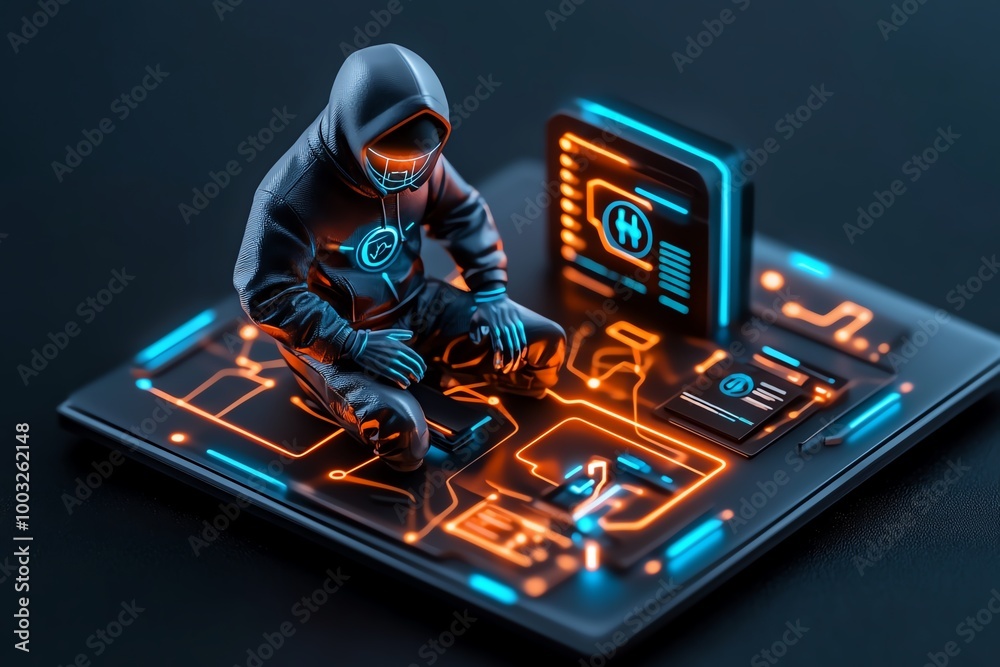 Poster 3D digital model of a hacker testing cybersecurity defenses, with glowing firewalls, vulnerability assessments, and animated data flows showing the ethical hacking process