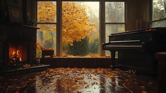 Cozy living room with fireplace, piano and window view of fall foliage on rainy day
