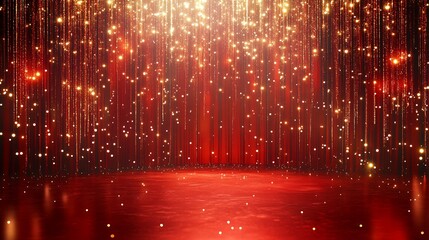 Red stage curtain with golden glitter and sparkling lights