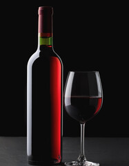 Red wine bottle with glass on black background