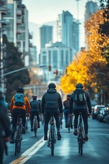 A group of people are riding bikes down a city street