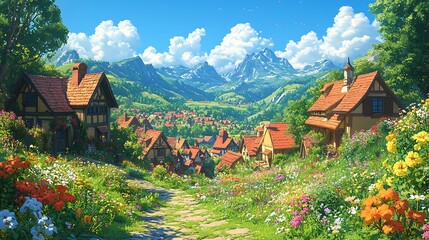Fototapeta premium Fantasy Village with Stone Path Surrounded by Colorful Flowers and Mountains in the Background