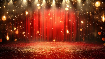 Red Stage Curtains with Gold Glitter and Spotlights