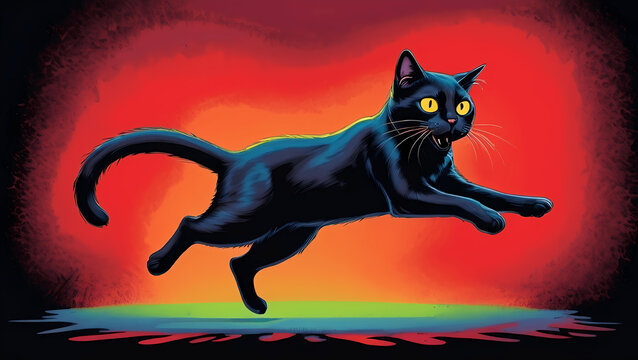 Black cat jumping in red light.