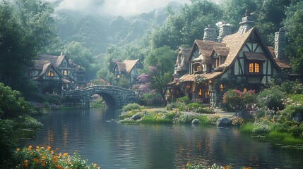 Fototapeta premium Fantasy village with wooden houses, bridge, and river in a lush forest