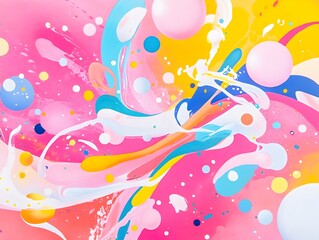 an abstract artwork featuring a vibrant mix of colors and shapes. The background is primarily pink, with splashes and swirls of various colors including white, blue, yellow, and orange