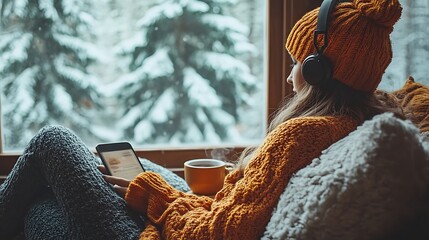 Cozy Winter Scene,  Woman Relaxing with Warm Drink and E reader by the Window
