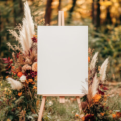 Blank canvas mock up welcome signboard on a wooden easel decorated with flowers and pampas grass