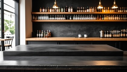 Black Concrete Countertop in Bar with Blurred Cafe Background