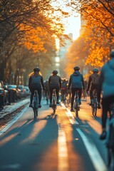 A group of people are riding bikes down a city street