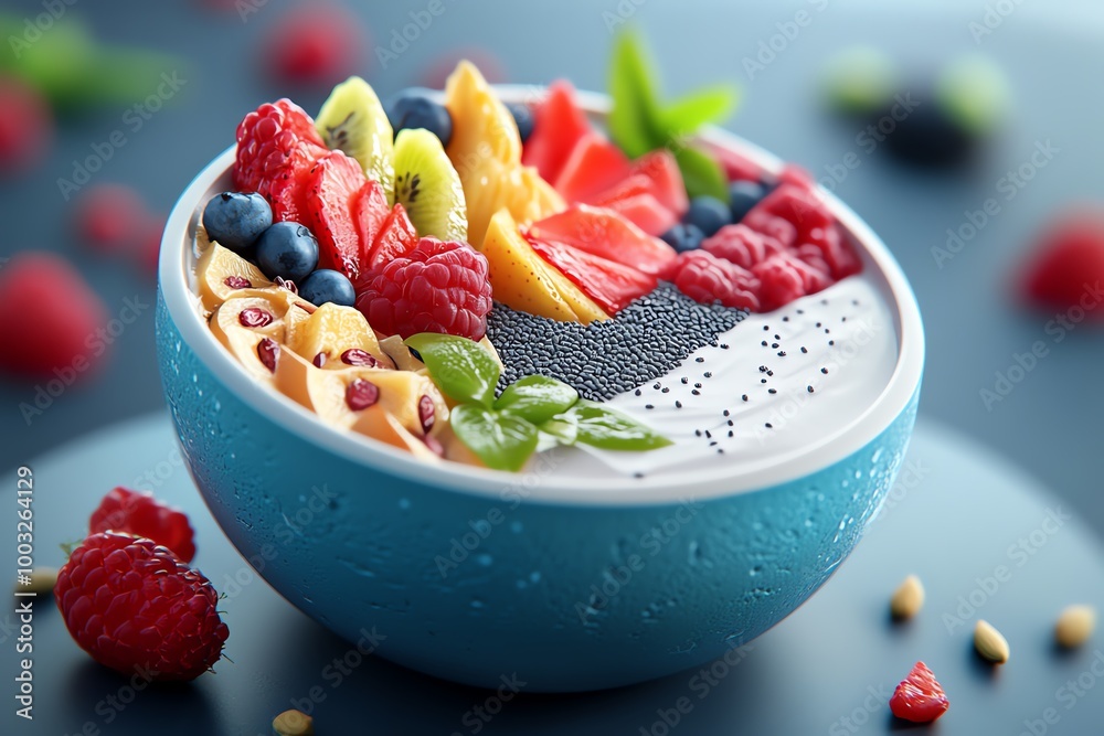 Poster 3D digital model of a smoothie bowl, with detailed fruits, seeds, and textures fully animated in a dynamic, interactive digital setting