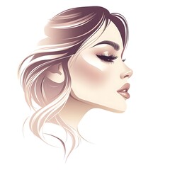 Beautiful woman with long brown hair and makeup, profile view