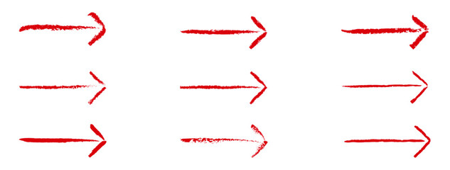 Set of red grunge arrows icon, vector illustration on a transparent background. A hand-drawn red arrows collection with rough textures, perfect for directional, graphic, or artistic design elements.