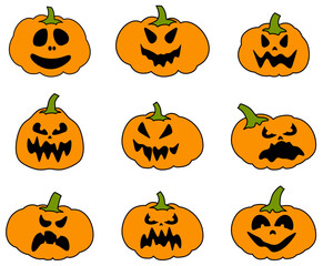 A set of nine pumpkins with a variety of spooky, funny, and creepy faces. Vector illustration for Halloween-themed projects and decorations.