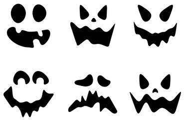 A collection of six spooky pumpkin face designs in black silhouette. Vector illustration for Halloween-themed projects.