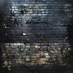  a section of an old brick wall. The bricks are mostly dark in color, with shades of black, gray, and some brown. The wall appears weathered and aged, with some areas showing signs of wear and tear
