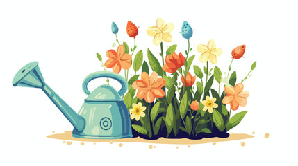 Adorable Gardening Sprinkler Surrounded by Vibrant Flowers in Cartoon Style Vector Illustration