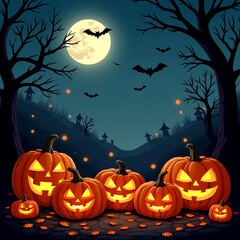 An autumn night with a full moon and a bat flying, illuminated halloween pumpkin