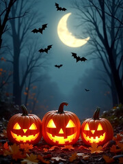 An autumn night with a full moon and a bat flying, illuminated halloween pumpkin