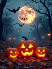An autumn night with a full moon and a bat flying, illuminated halloween pumpkin
