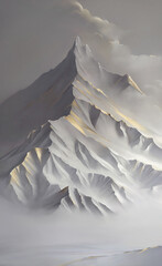 composition drawing of a mountain with golden strokes against a background of snow and sky
