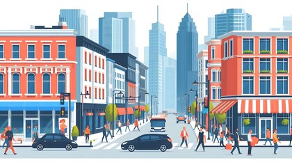 Obraz premium busy city street with people walking, cars driving, and shops in the background, flat design illustration, isolated on white background