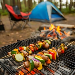 Grill with Vegetable and Sausage Skewers on a Rack Over an Open Campfire. Background with Tent and Camping Chairs and Gear