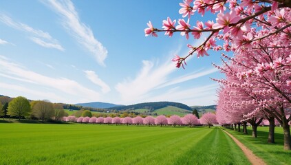 A picturesque spring scene featuring a blue sky with white clouds distant lake blooming pink peach trees and verdant grasslands beneath