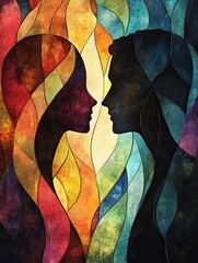 A vibrant stained glass artwork depicting the silhouette of a couple facing each other, surrounded by colorful abstract shapes, evoking love and connection.

