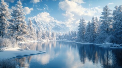 Fototapeta premium Frozen Lake with Cracks and Snow-Covered Pine Trees in a Winter Landscape