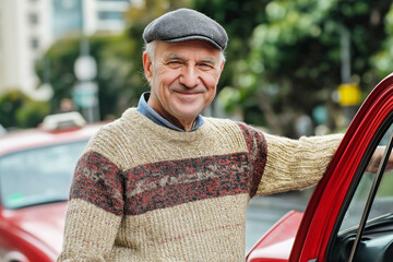 Smiling elderly taxi driver wearing cap, standing outside red car, urban background, portrait of cheerful, mature driver, transportation service concept