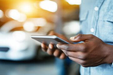 Car mechanic using smartphone, hands holding mobile device, modern technology, workshop, service center, communication concept