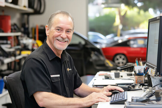 Smiling car mechanic working at computer in auto repair shop, modern garage setting, technology in car service concept